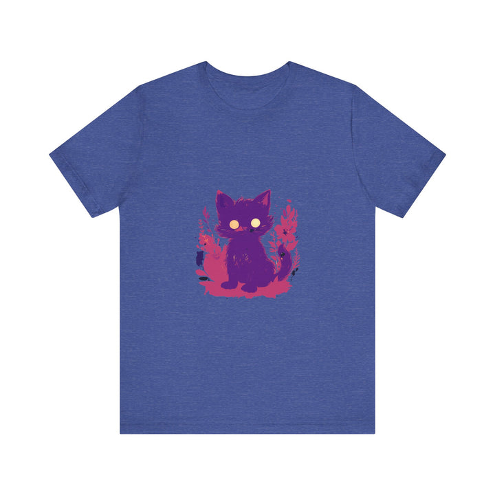 A whimsical purple t-shirt featuring a mysterious cat design