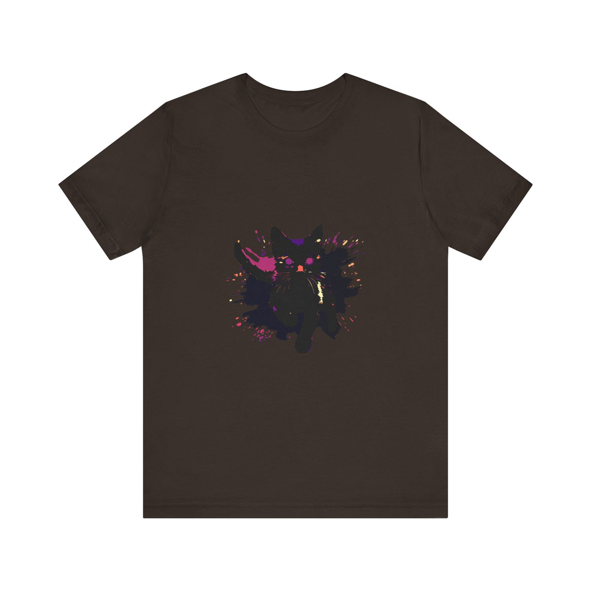 A bold and colorful black cat mystery t-shirt with vibrant design
