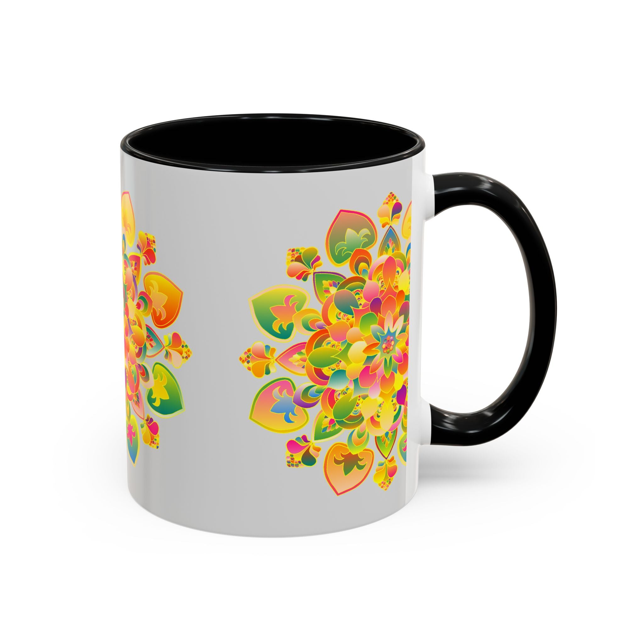 Beautiful ceramic mug featuring a vibrant mandala floral design in various colors