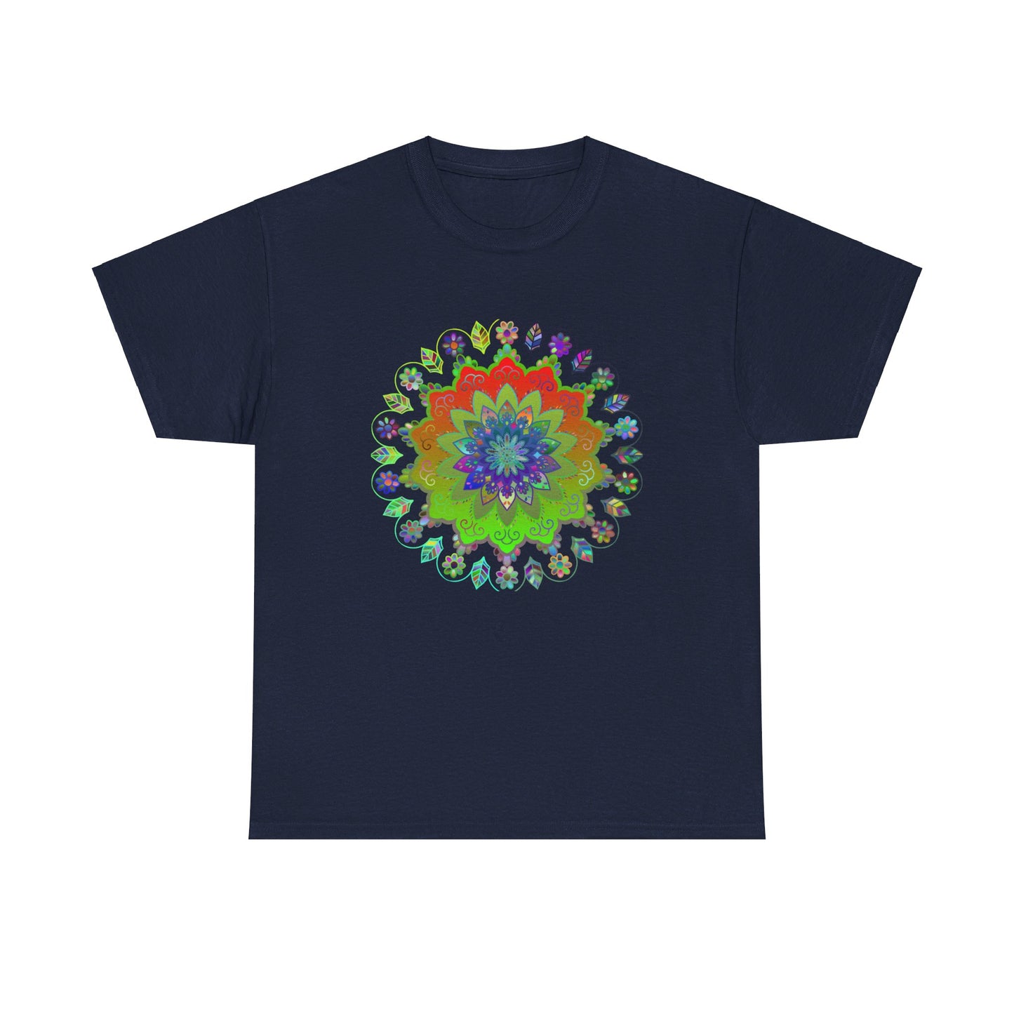 Colorful mandala art design on a black unisex heavy cotton tee, perfect for yoga and mindfulness practice