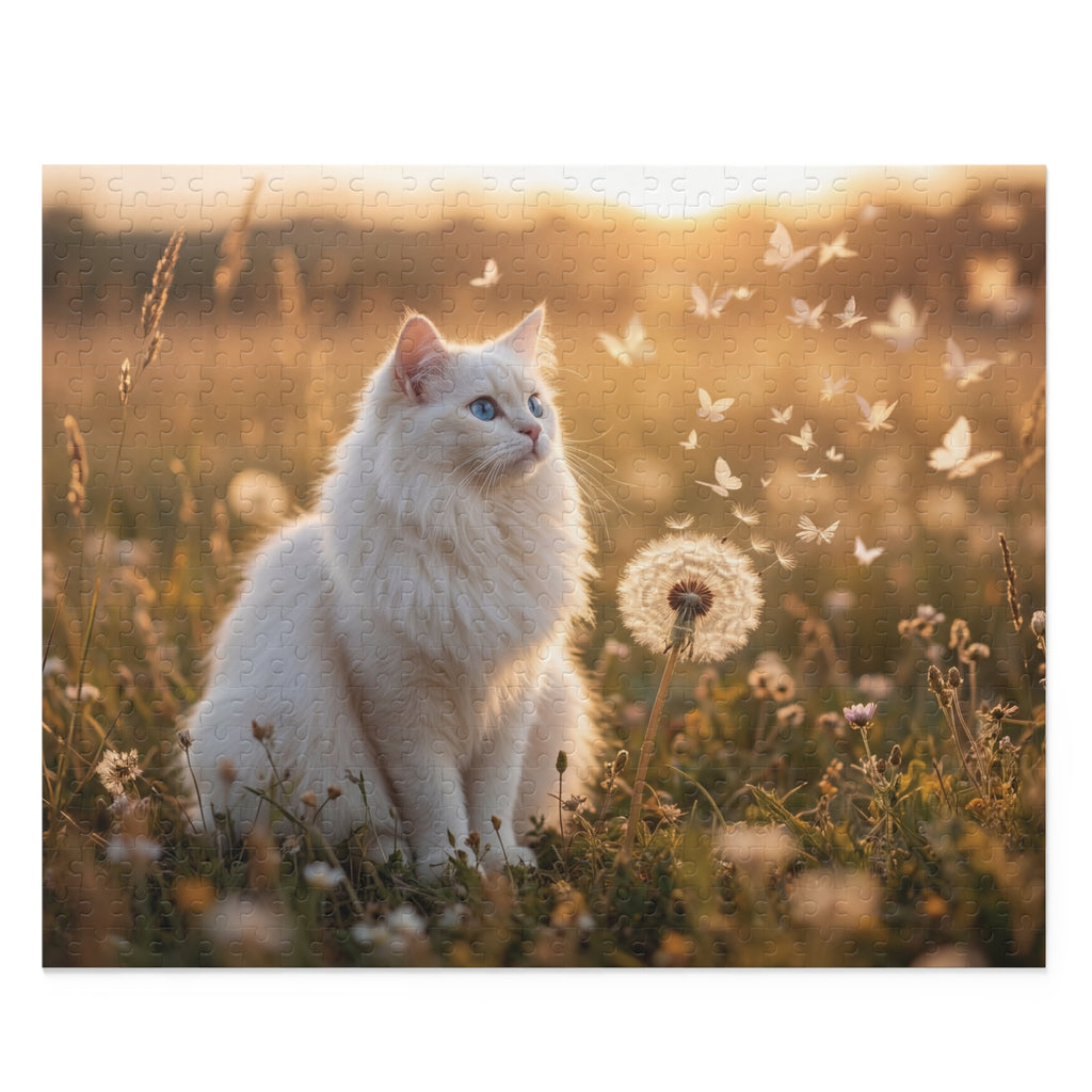 Cat in Dandelions Jigsaw Puzzle — White Kitten in Golden Field (120/252/500 pcs)