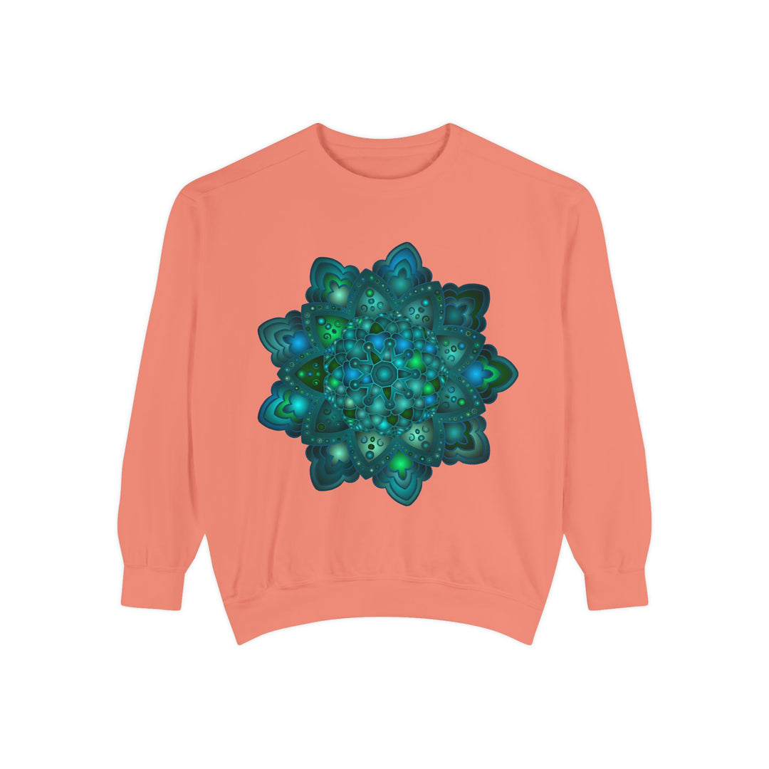 Beautiful blue and green mandala sweatshirt with intricate and detailed design