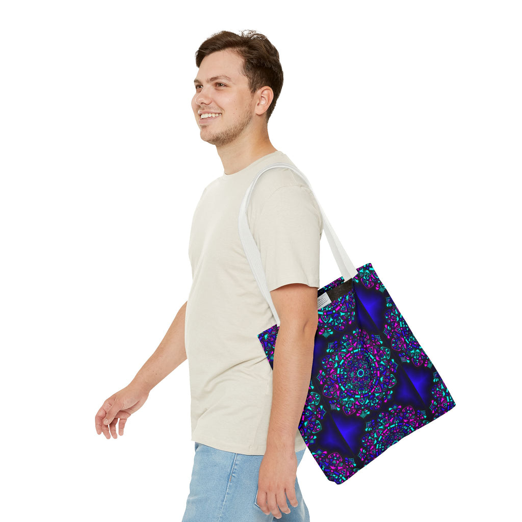 Kaleidoscope Mandala Tote Bag — Vibrant Neon Floral Pattern