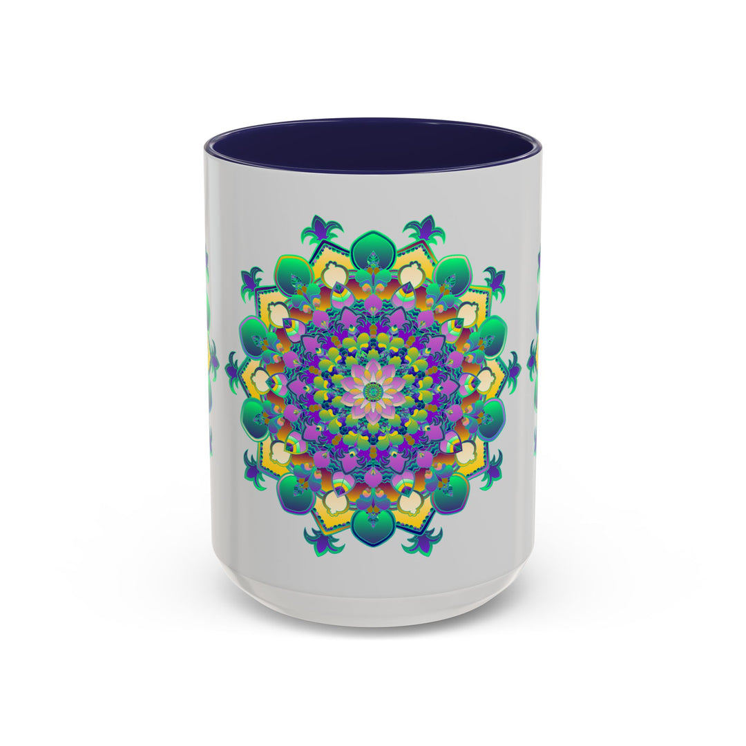 A light grey mug with a vibrant mandala art design, perfect for adding a pop of color to your morning coffee routine