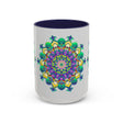 A light grey mug with a vibrant mandala art design, perfect for adding a pop of color to your morning coffee routine