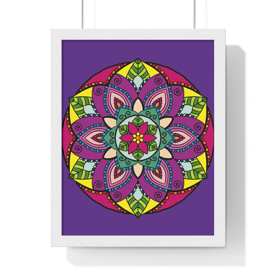 Vertical framed poster featuring a hand-drawn purple mandala, perfect for mindfulness and yoga enthusiasts