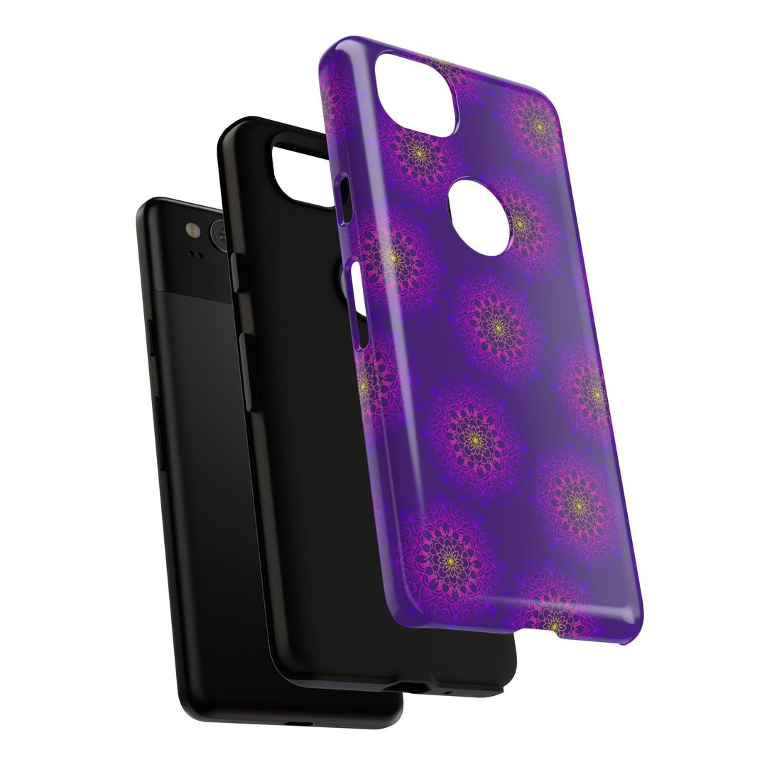 Intricate Purple Floral iPhone Case with Bold Mandala Design