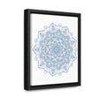 A close-up image of a steel blue Mandala Handmade Art, a mandala design wall art piece, displayed on a gallery canvas wrap with a vertical frame