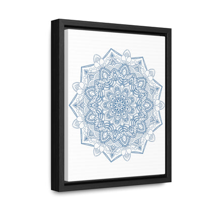 A close-up image of a steel blue Mandala Handmade Art, a mandala design wall art piece, displayed on a gallery canvas wrap with a vertical frame