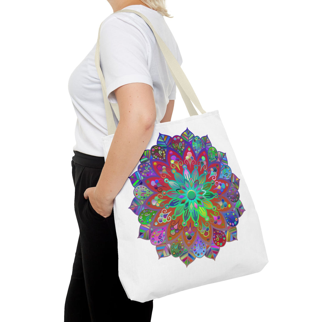 Vibrant and intricate mandala design tote bag with multiple colors