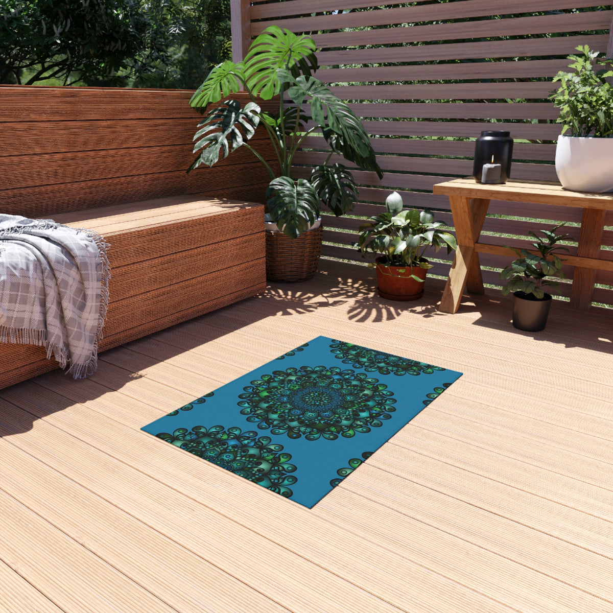 Blau-grüner Mandala-Outdoor-Teppich — Wetterfeste Terrassenmatte