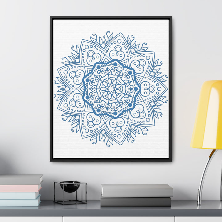 Mandala Handmade Art - Steel Blue Mandala Design Wall Art displayed on Gallery Canvas Wraps with Vertical Frame, perfect for adding a touch of elegance to any space