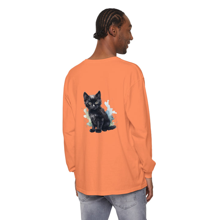 A long sleeve black kitten watercolor graphic t-shirt, perfect for cat lovers