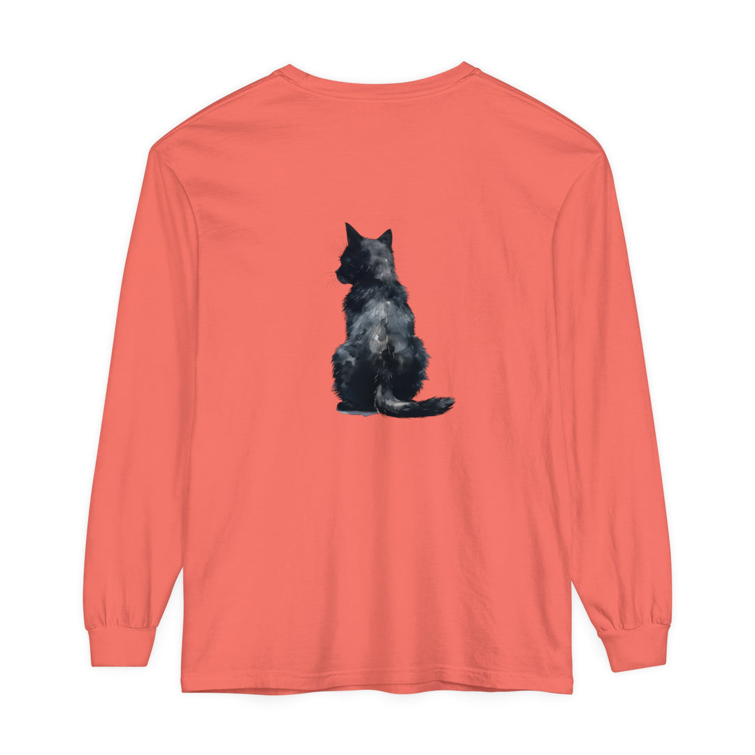 A long sleeve black cat watercolor design t-shirt for casual wear