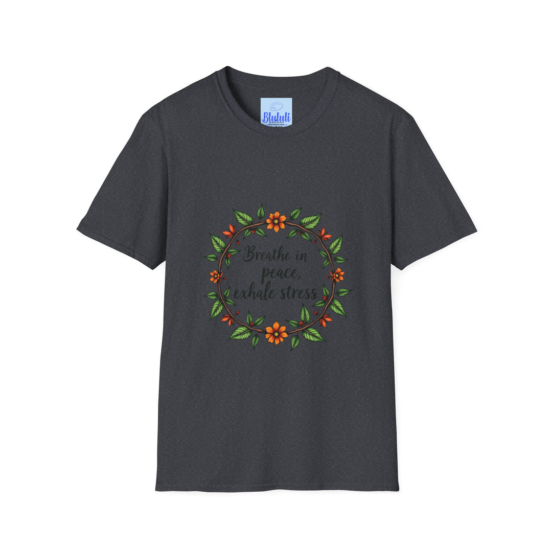 White t-shirt with a watercolor floral garland design and the quote 'Breathe in Peace Exhale Stress' in a cursive font