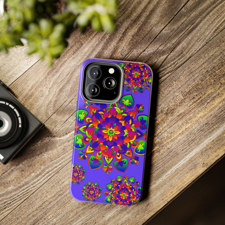 Colorful hand drawn mandala design phone case with rainbow colors and intricate patterns