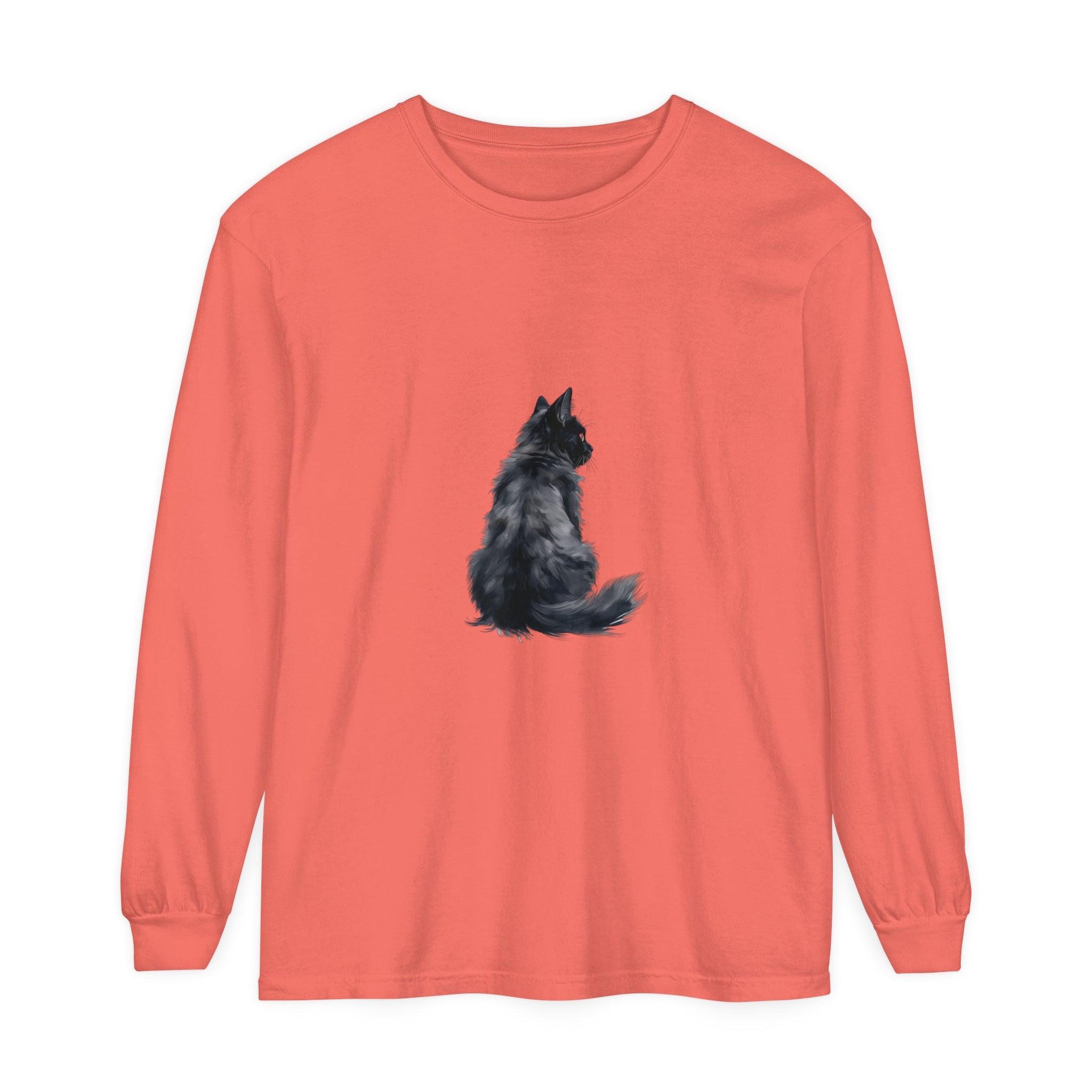 Black Cat Silhouette Unisex Long Sleeve T-Shirt in Black, Halloween-themed shirt