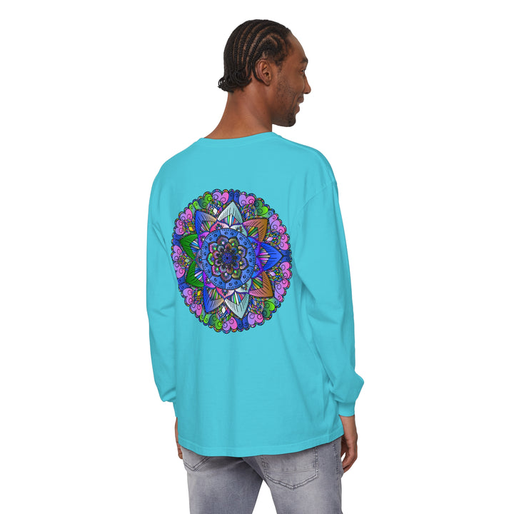 Vibrant mandala long sleeve t-shirt in unisex sizing, featuring colorful and intricate design perfect for casual wear