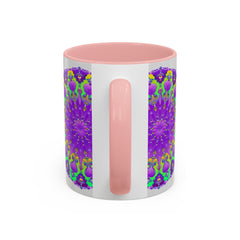 Beautiful purple mandala design ceramic mug with vibrant artwork on a grey background