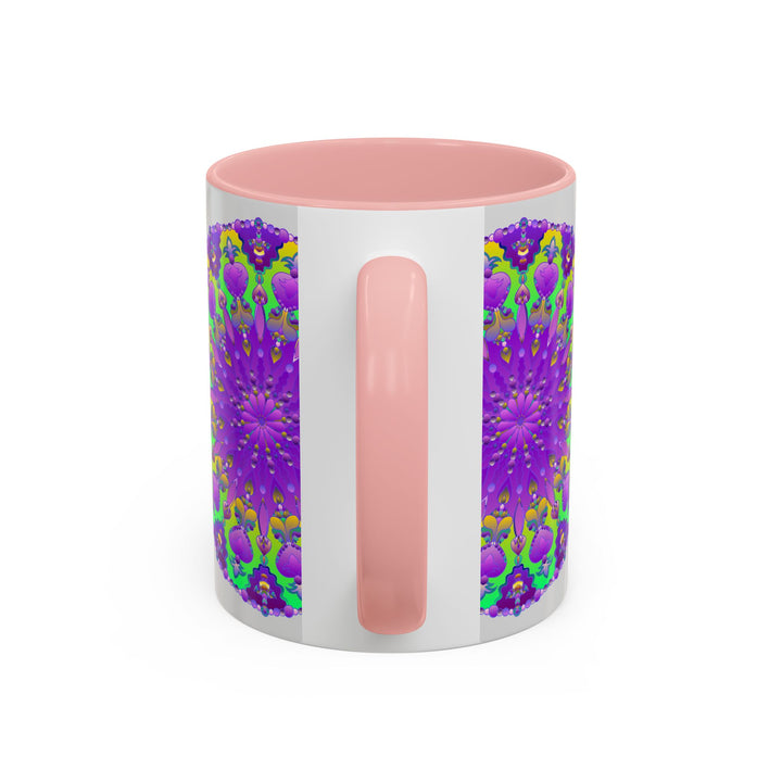 Beautiful purple mandala design ceramic mug with vibrant artwork on a grey background