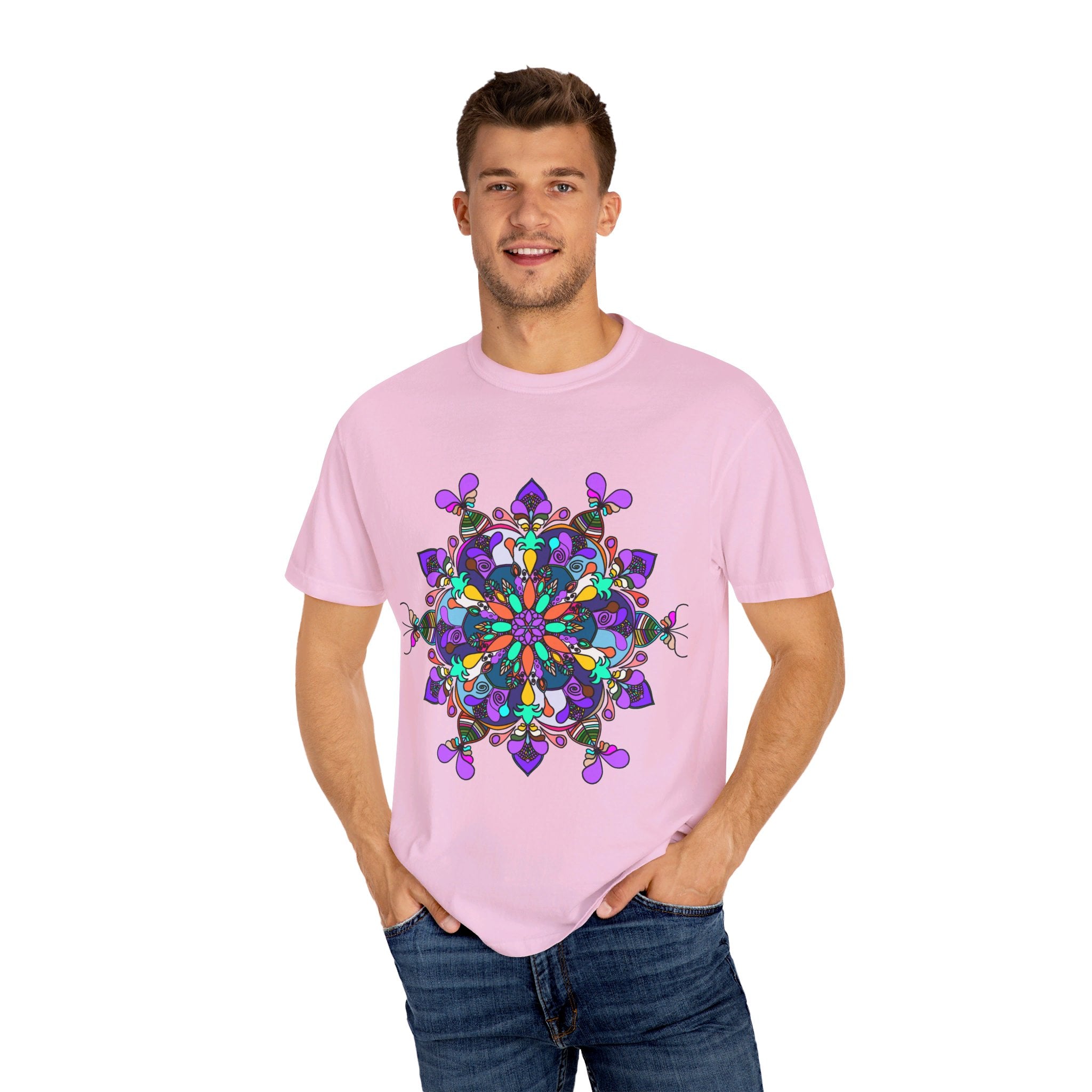 Unisex Mandala T-Shirt featuring intricate hand-drawn mandala art, made from 100% ring-spun cotton and garment-dyed for extra comfort