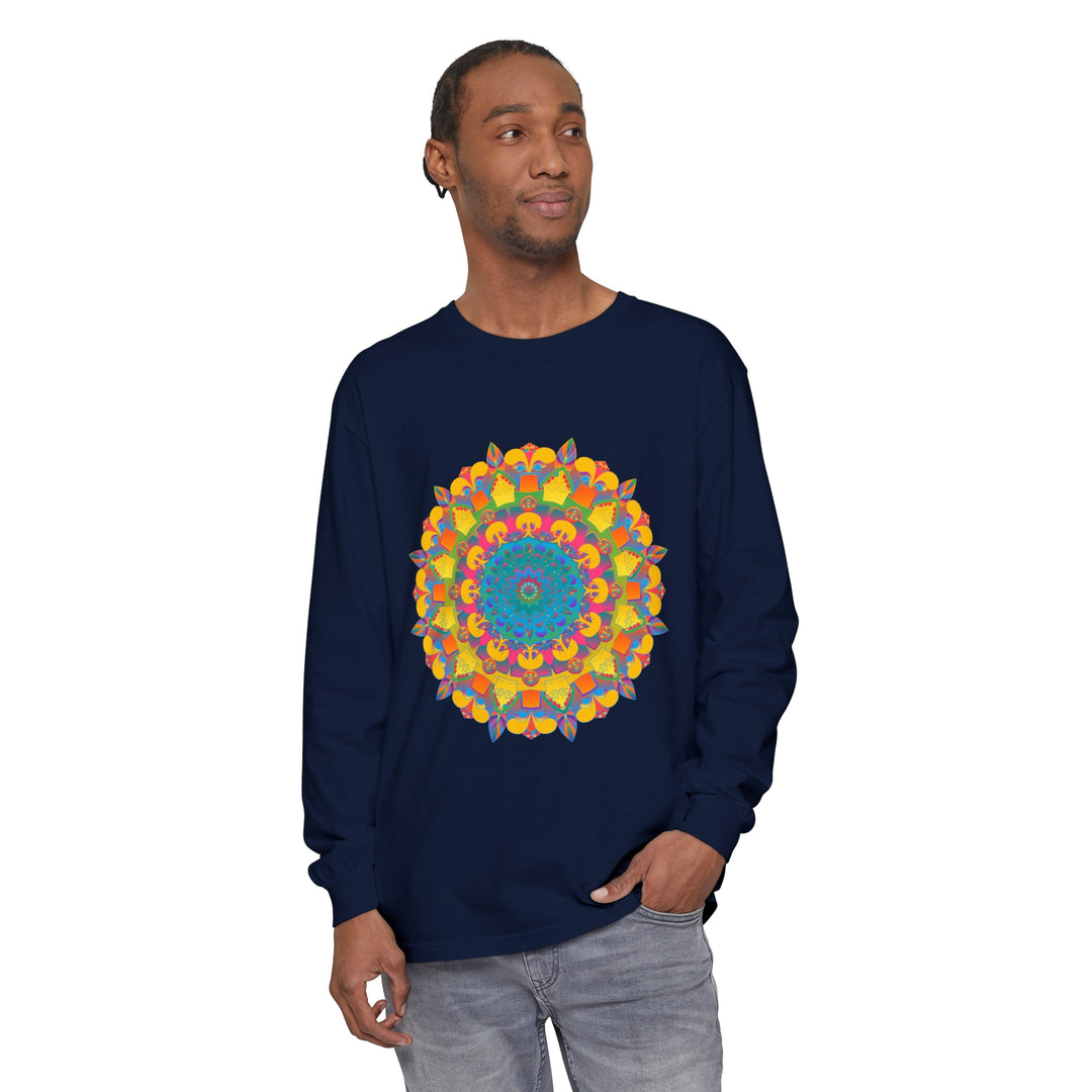 A close-up image of a vibrant mandala unisex long sleeve t-shirt with intricate and colorful design