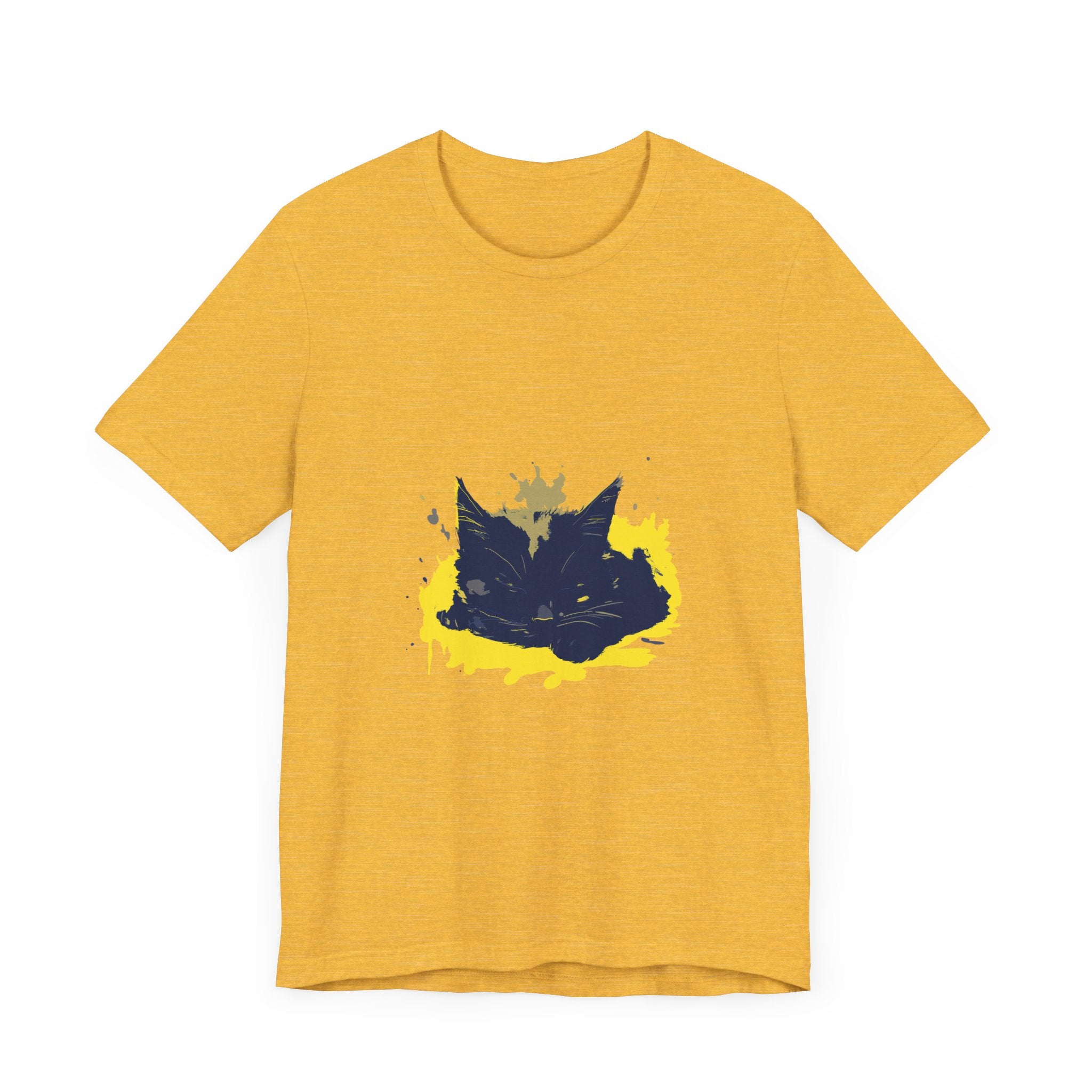 A black cat with glowing eyes and mysterious aura, featured on a street art-inspired T-shirt