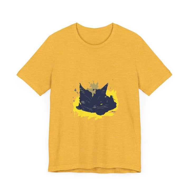 A black cat with glowing eyes and mysterious aura, featured on a street art-inspired T-shirt