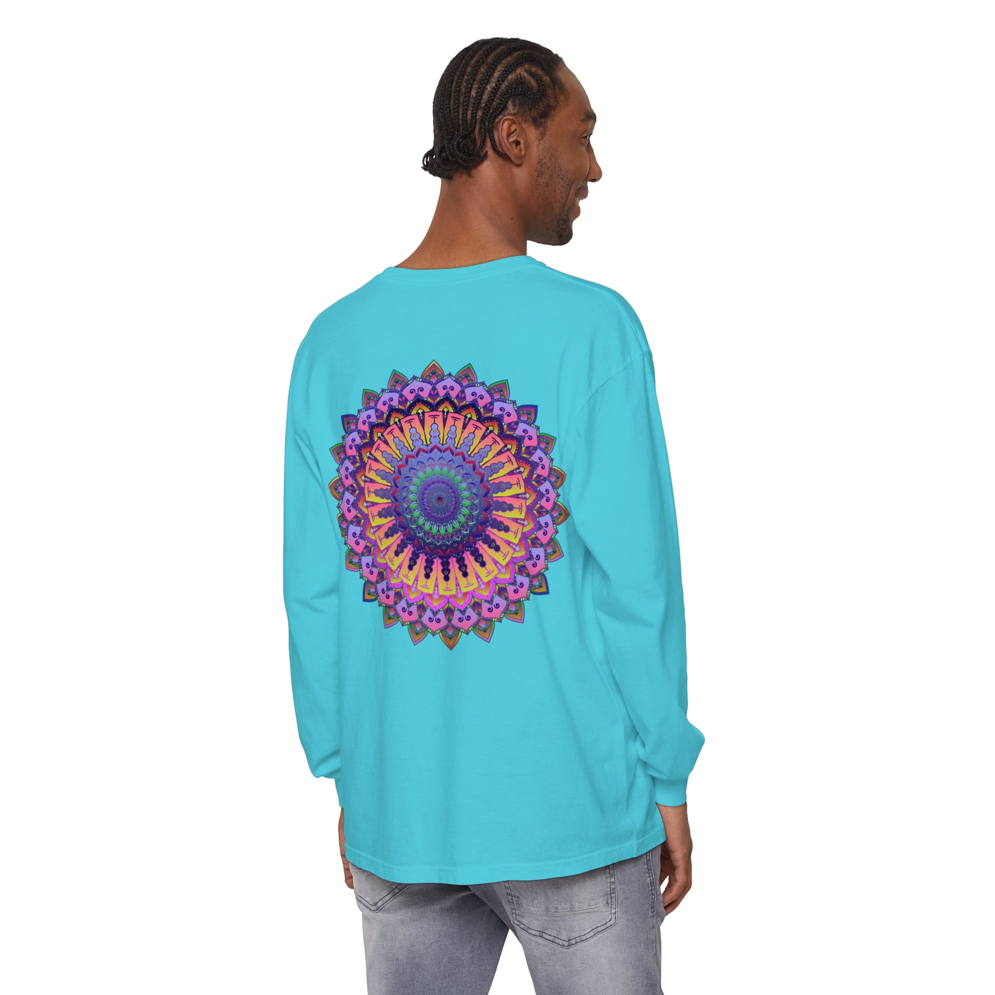 Intricate Mandala Unisex Long Sleeve T-Shirt with intricate mandala design in vibrant colors on black background