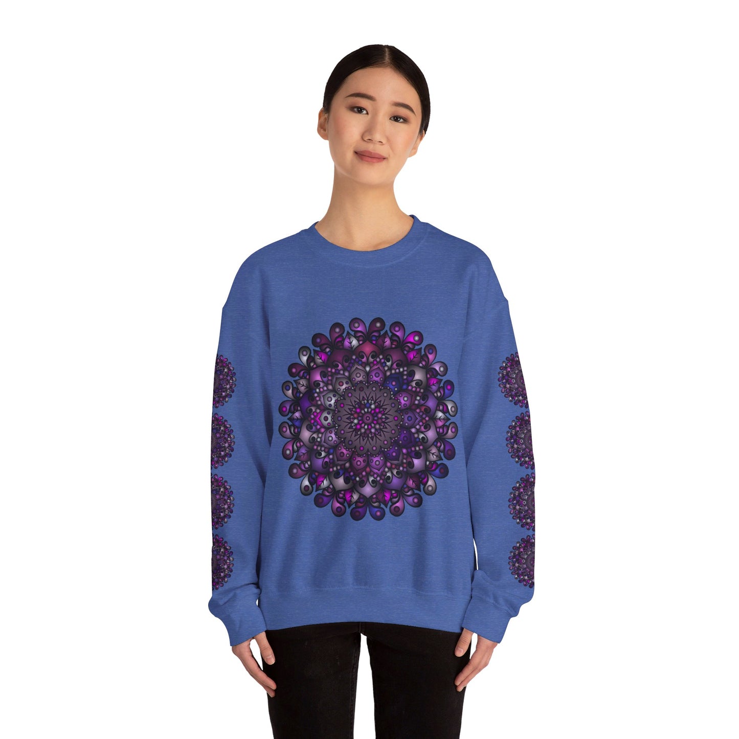 Unisex Heavy Blend™ Crewneck Sweatshirt with Purple Mandala Design, a cozy and stylish option for both men and women