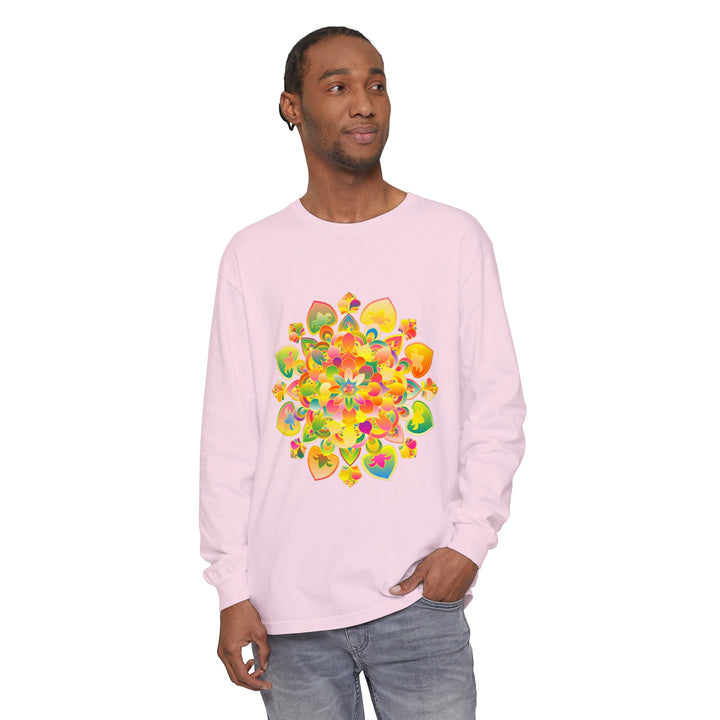 Colorful and intricate mandala design on a long sleeve t-shirt