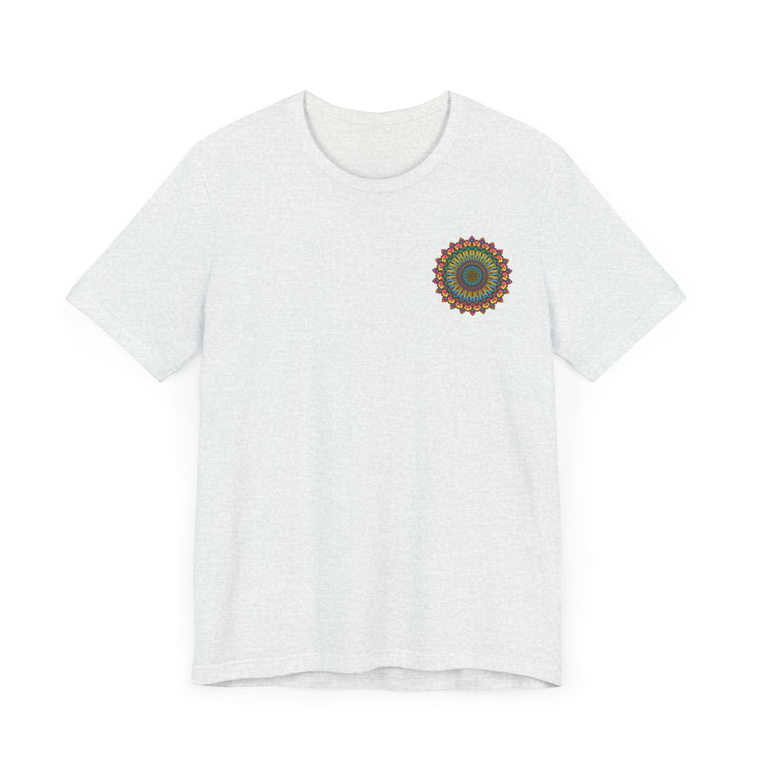 A colorful and intricate mandala design fills the front of this vibrant tee, promoting spiritual peace and harmony