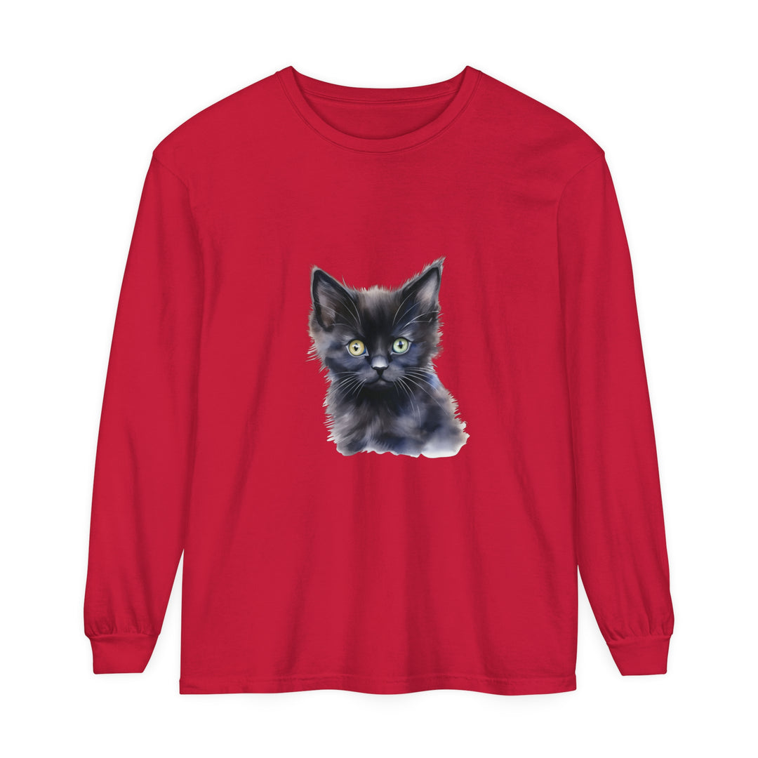 Mystical Kitten Unisex Long Sleeve T-Shirt in Black with Intricate Cat Design