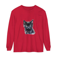 Mystical Kitten Unisex Long Sleeve T-Shirt in Black with Intricate Cat Design