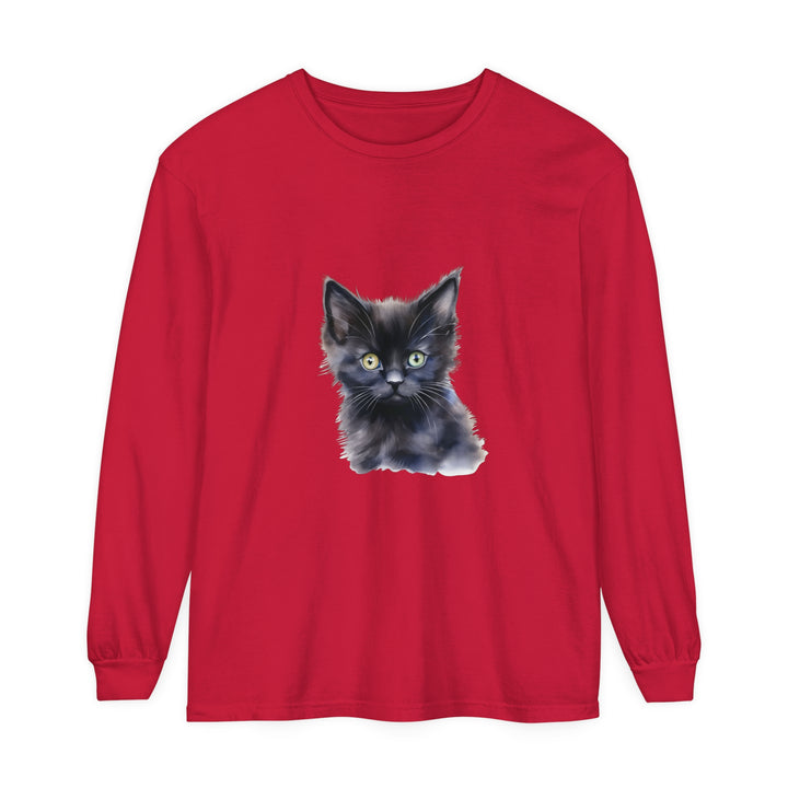 Mystical Kitten Unisex Long Sleeve T-Shirt in Black with Intricate Cat Design