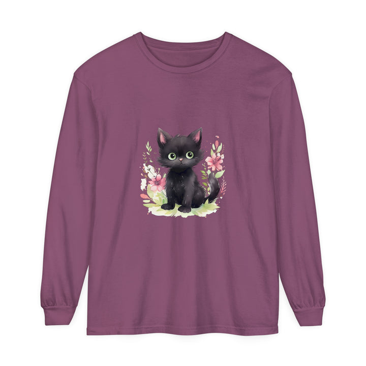 Adorable playful kitten surrounded by vibrant floral watercolor design on a comfortable t-shirt