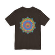 Vibrant and colorful mandala tee with intricate spiritual design promoting peace and harmony