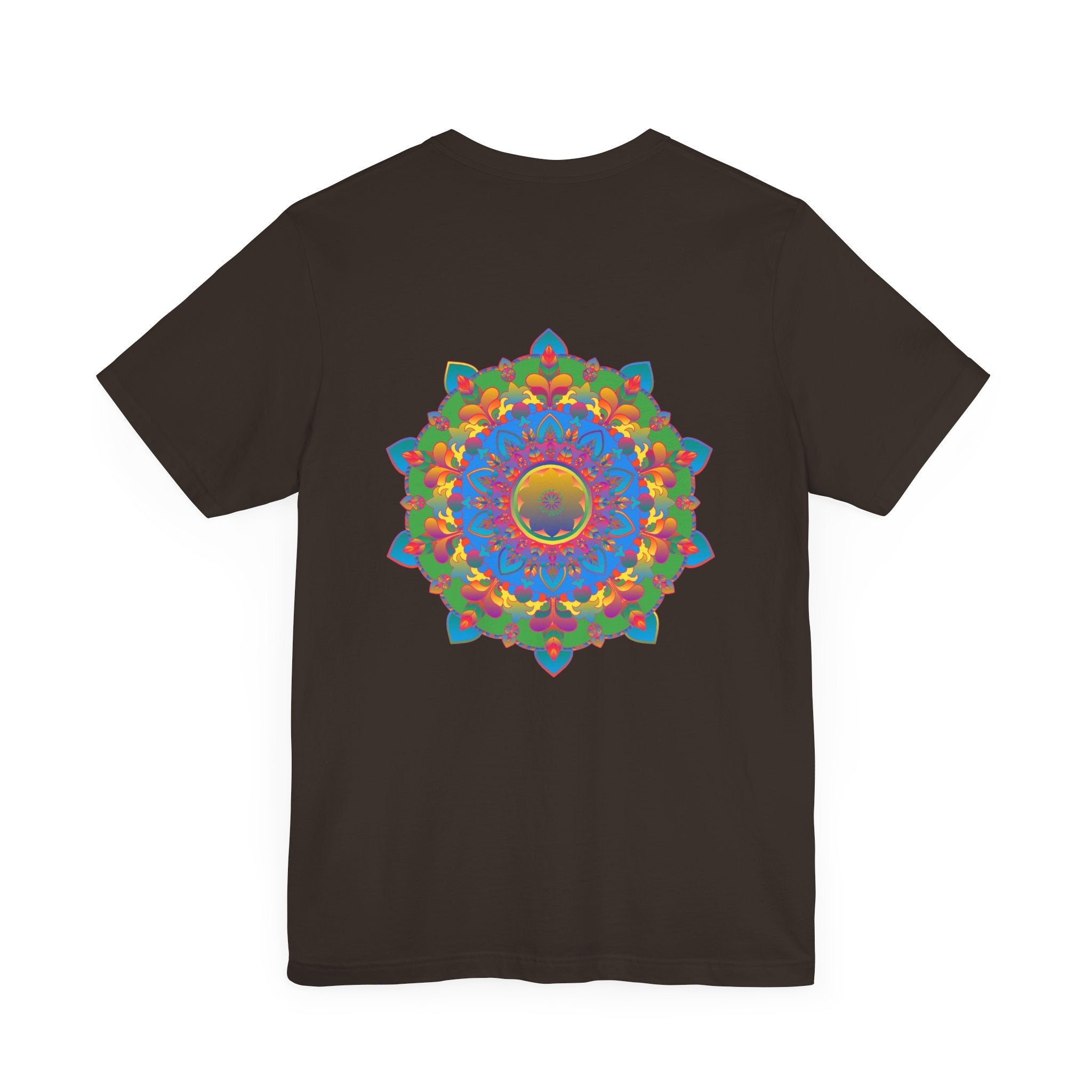 Vibrant and colorful mandala tee with intricate spiritual design promoting peace and harmony