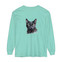A watercolor painting of a black cat on a mystical long sleeve t-shirt