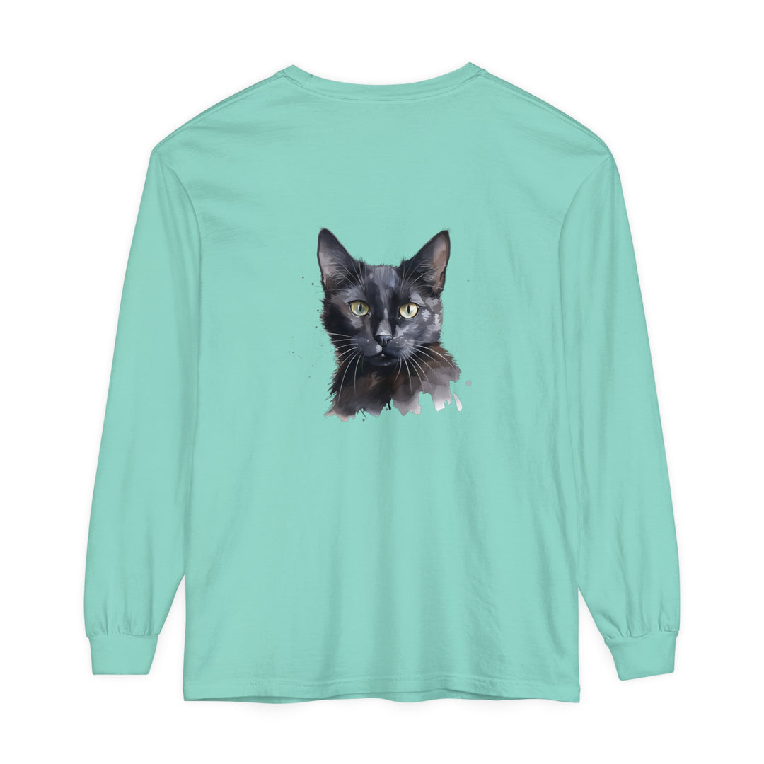 A watercolor painting of a black cat on a mystical long sleeve t-shirt