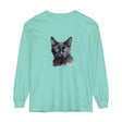 A watercolor painting of a black cat on a mystical long sleeve t-shirt