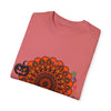 Unisex Halloween Mandala T-shirt featuring handmade pumpkin mandala art on garment-dyed tee