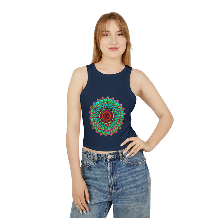 Colorful mandala design racerback tank top for yoga and fitness enthusiasts