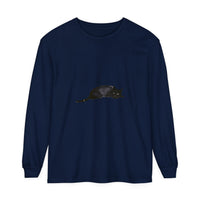 A cozy and stylish unisex long sleeve t-shirt featuring a sleeping black cat design
