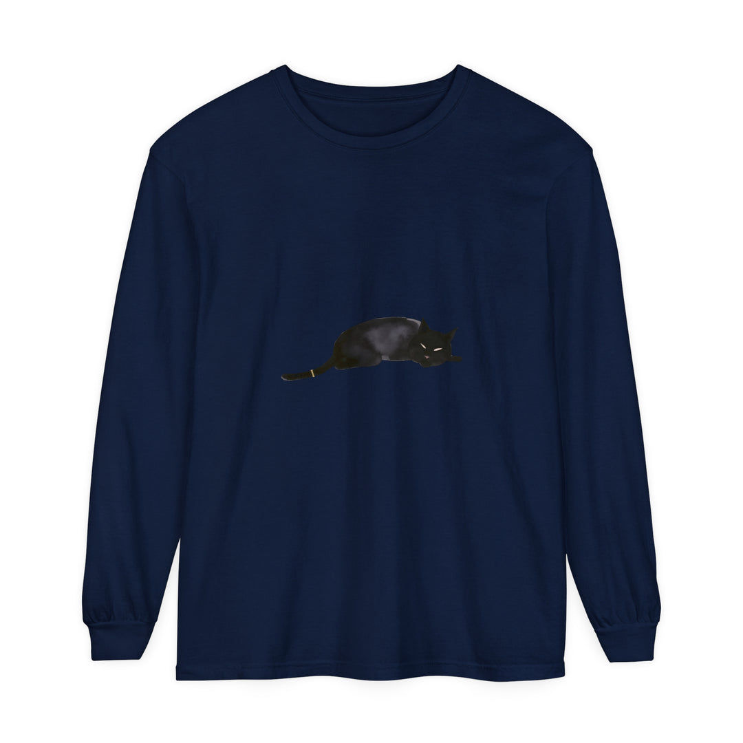 A cozy and stylish unisex long sleeve t-shirt featuring a sleeping black cat design