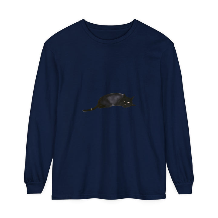 A cozy and stylish unisex long sleeve t-shirt featuring a sleeping black cat design