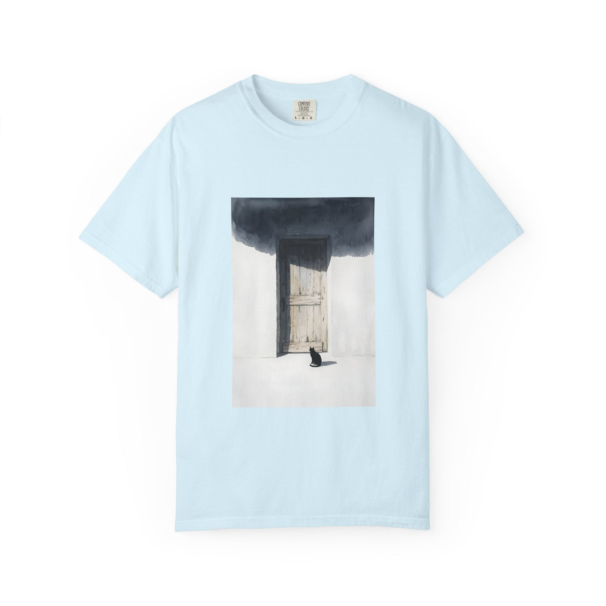 T-Shirt — Minimal Art Cat at Door Graphic Tee