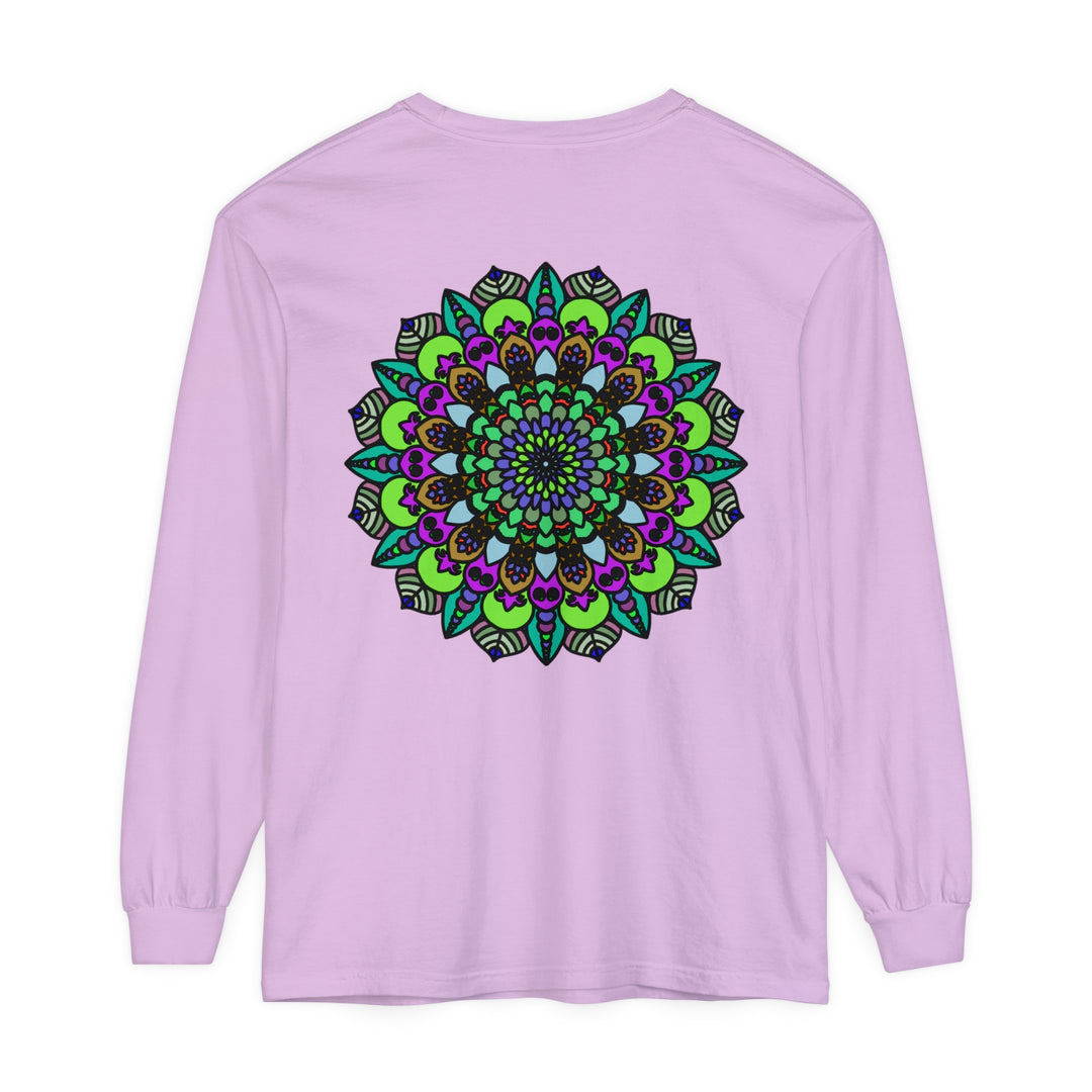 Colorful and intricate psychedelic mandala design on unisex long sleeve t-shirt