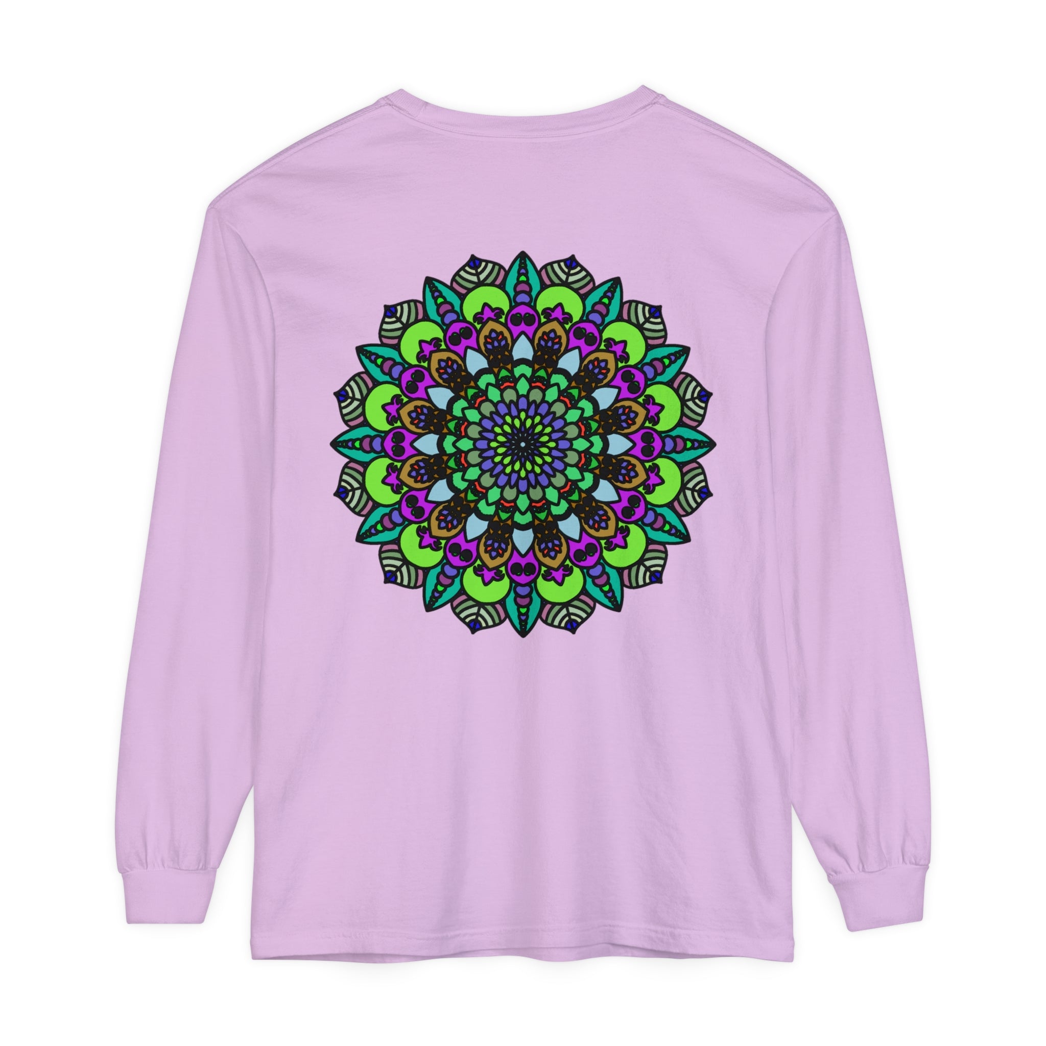 Colorful and intricate psychedelic mandala design on unisex long sleeve t-shirt