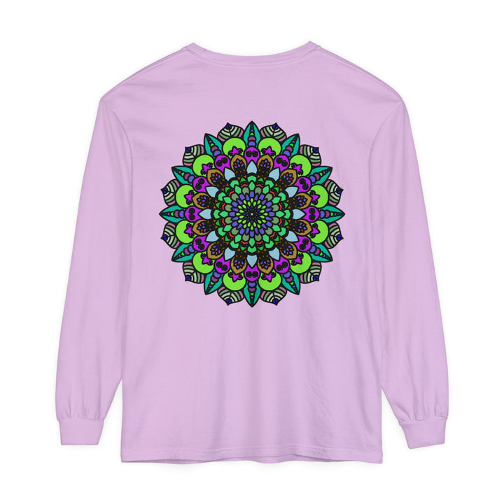 Colorful and intricate psychedelic mandala design on unisex long sleeve t-shirt